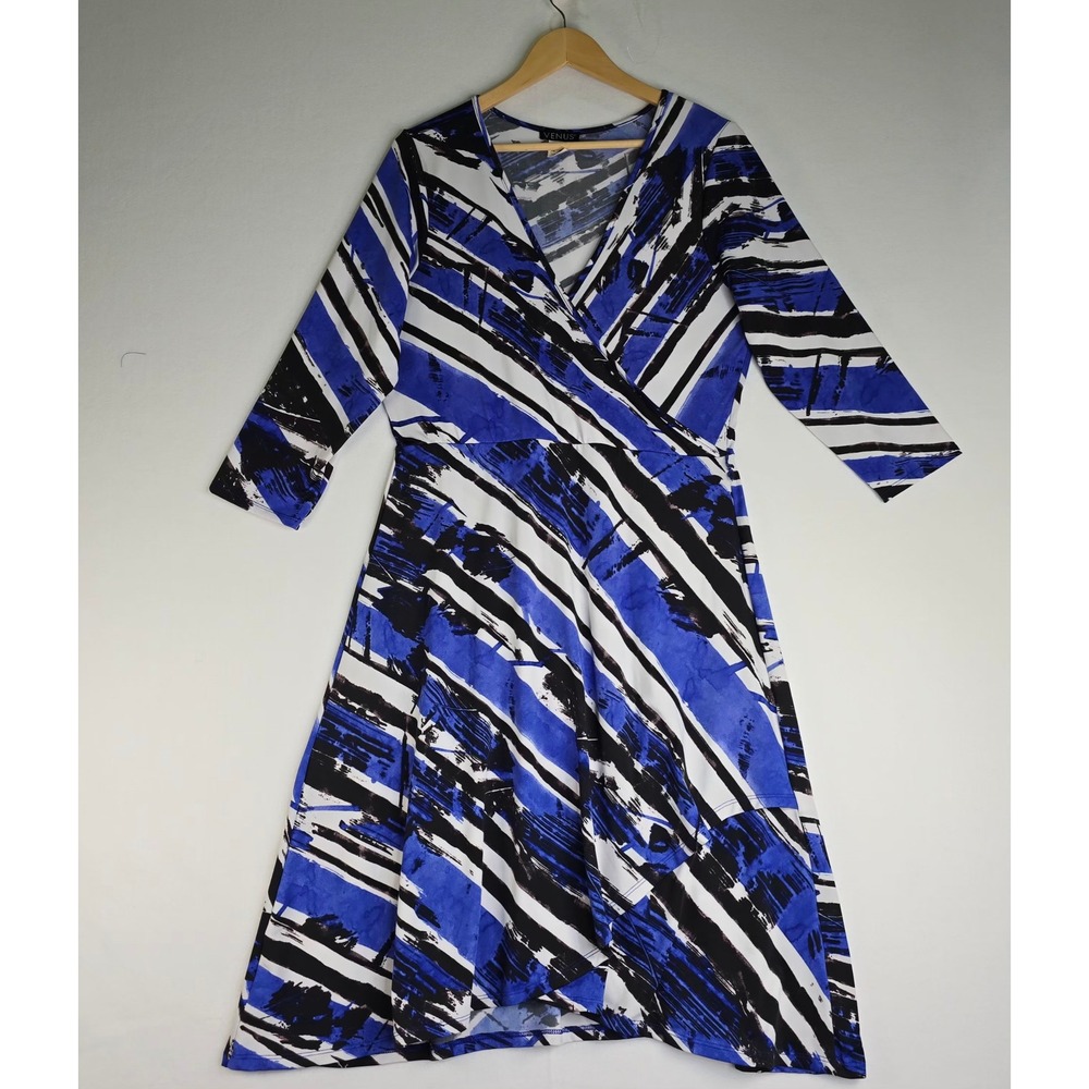 Venus Blue Abstract Brushstroke Faux Wrap Dress 3/4 Sleeve Size Large